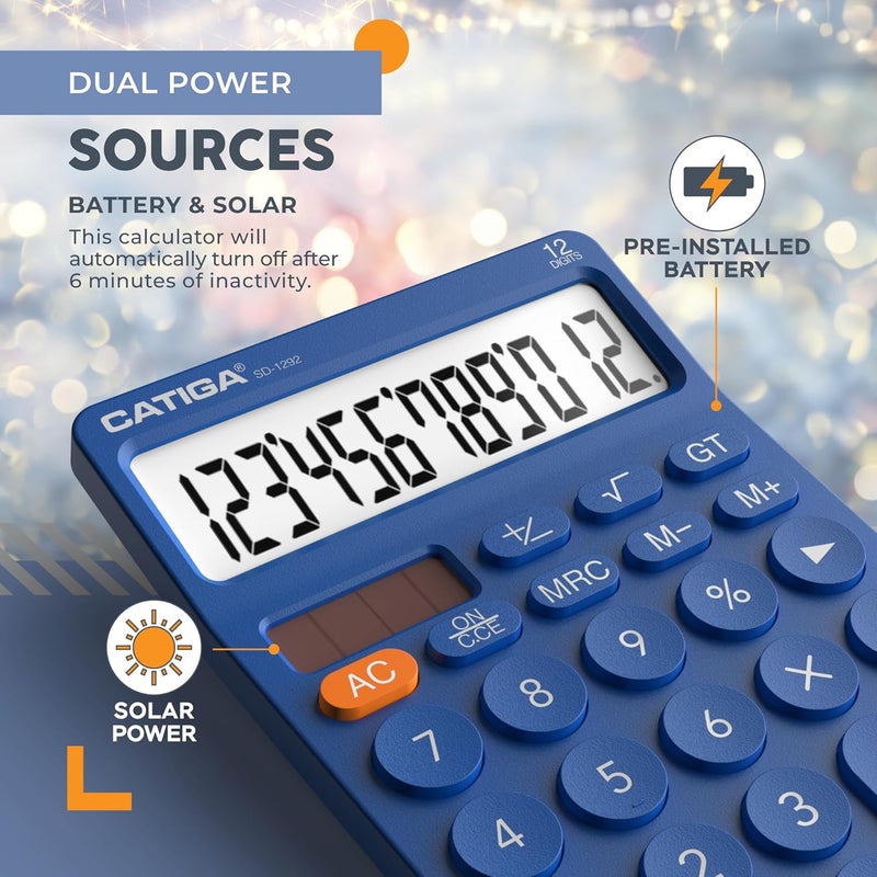 CATIGA 12 Digit Desktop Calculator Basic Desk Calculator with Large LCD Display, Big Buttons, 4 Function, Solar and Battery Dual Power, for Office, School, Home, SD-1292 Navy Blue - Image 5